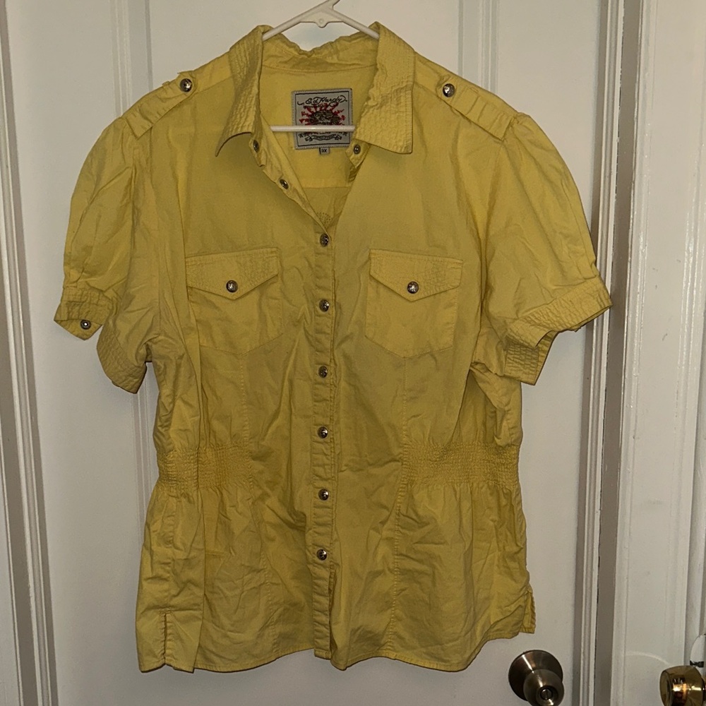 Ed Hardy Yellow Button-Up Shirt with Logo Patch